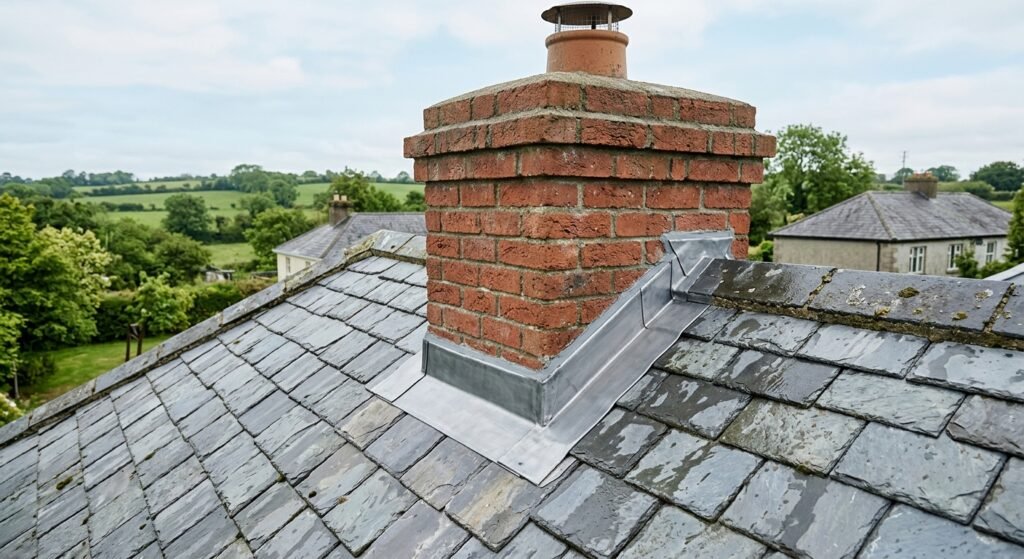 Lead flashing repair Meath. Precision lead flashing installed cleanly around a traditional red brick chimney stack on a grey slate sloped roof.